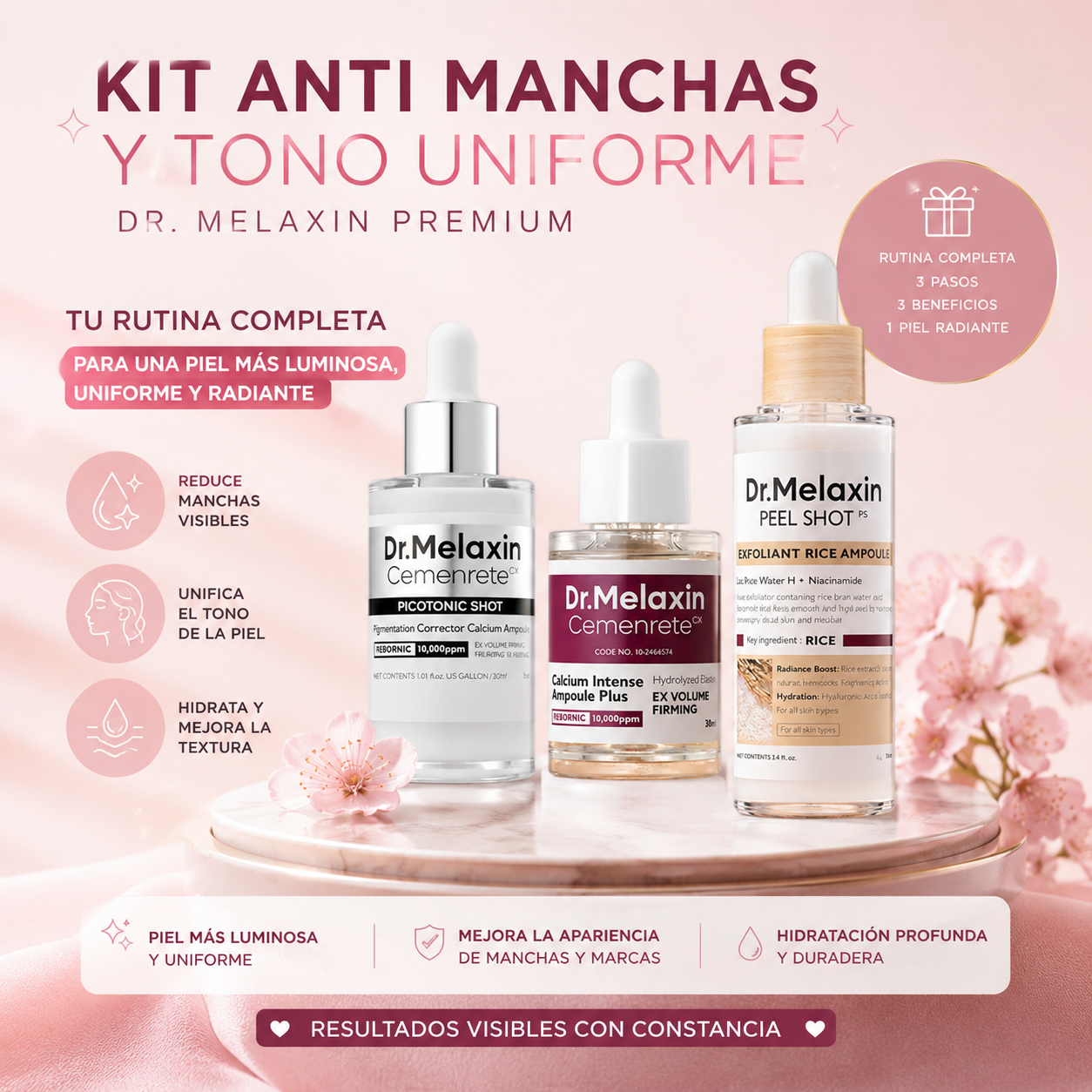 Kit Dr. Melaxin — la rutina coreana que reduce manchas, unifica el tono y devuelve luminosidad desde la primera semana